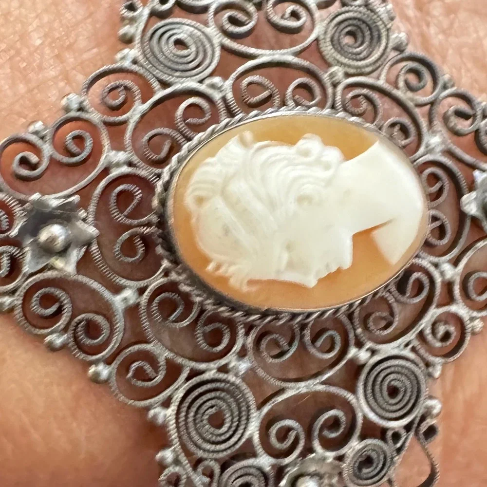 Antique 800 Silver Filigree‎ Hand Carved Cameo Bracelet